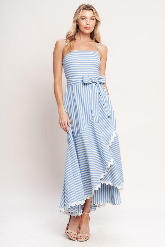 Tied to You Striped Woven Midi Dress in white blue, view 2 — Soul Flow Apparel