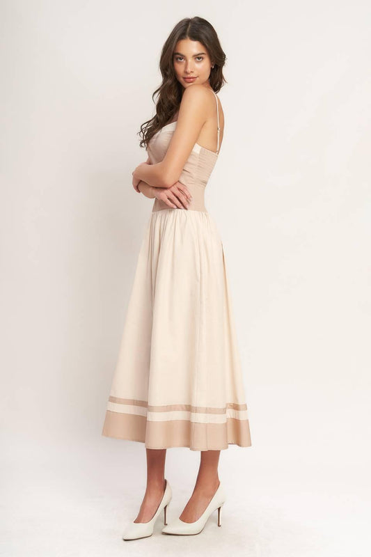 Spring Harmony Color Blocked Midi Dress in light taupe, view 3 — Soul Flow Apparel