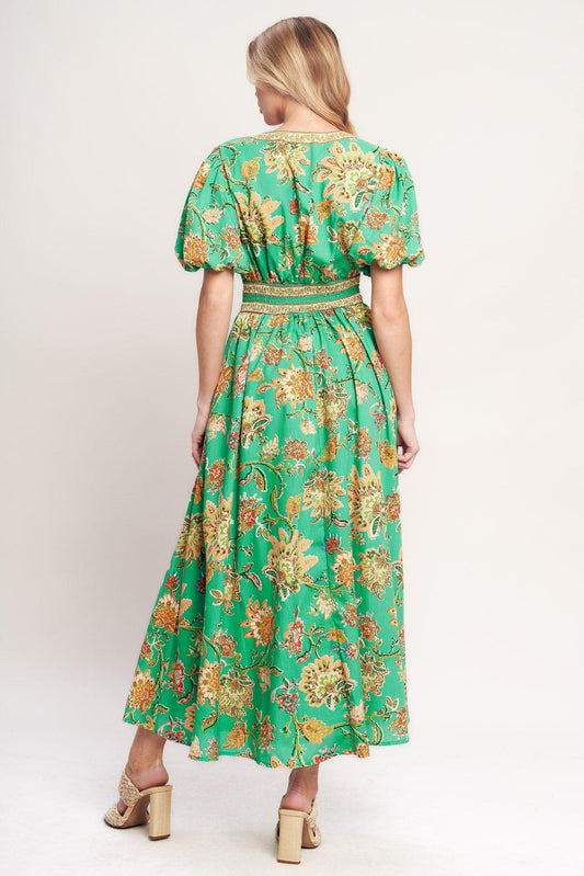 Tropical State of Heart Woven Midi Dress in green, view 5 — Soul Flow Apparel