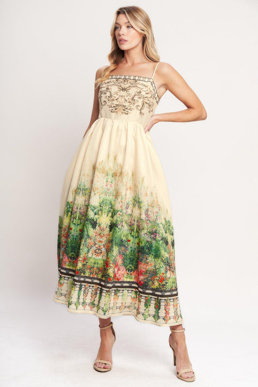 Heirloom Border Woven Midi Dress in ivory green, view 2 — Soul Flow Apparel
