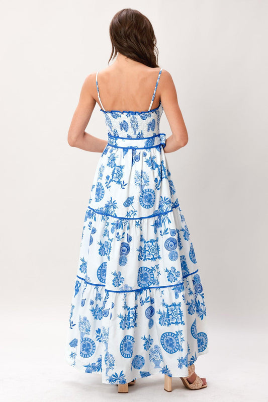 Santorini Dream Woven Maxi Dress in ivory blue, view 6 — Soul Flow Apparel