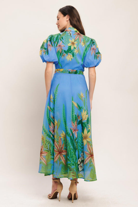 Palm Serenade Blue Woven Midi Dress, view 5 — Soul Flow Apparel