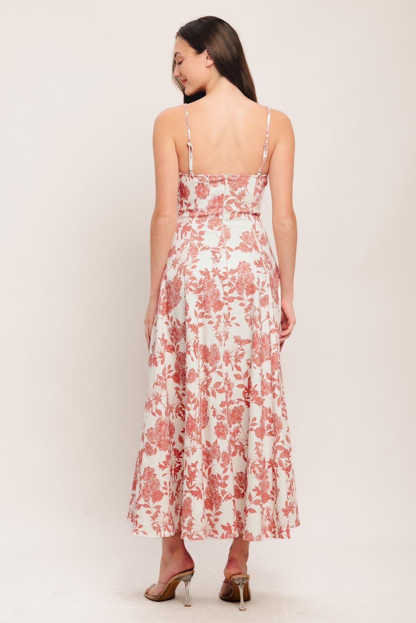 Floral Haze Woven Midi Dress in ivory coral, view 6 — Soul Flow Apparel