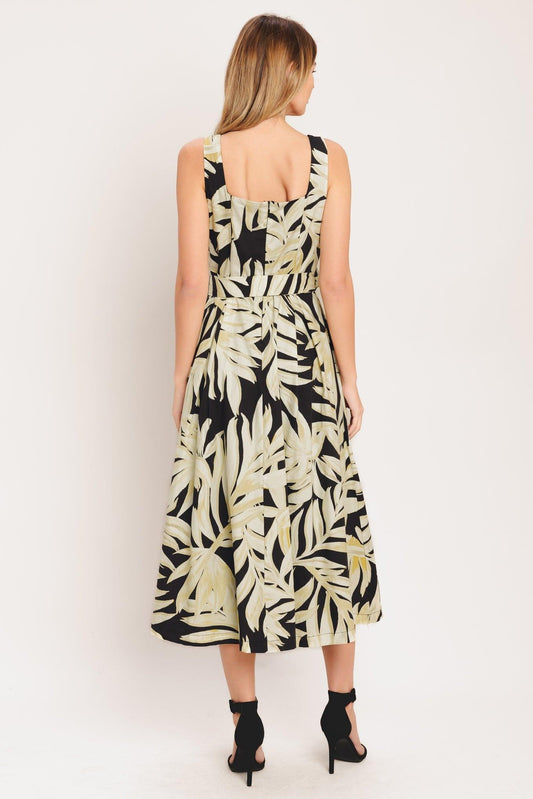 Mono Leaf Statement Woven Midi Dress in black taupe, view 1 — Soul Flow Apparel