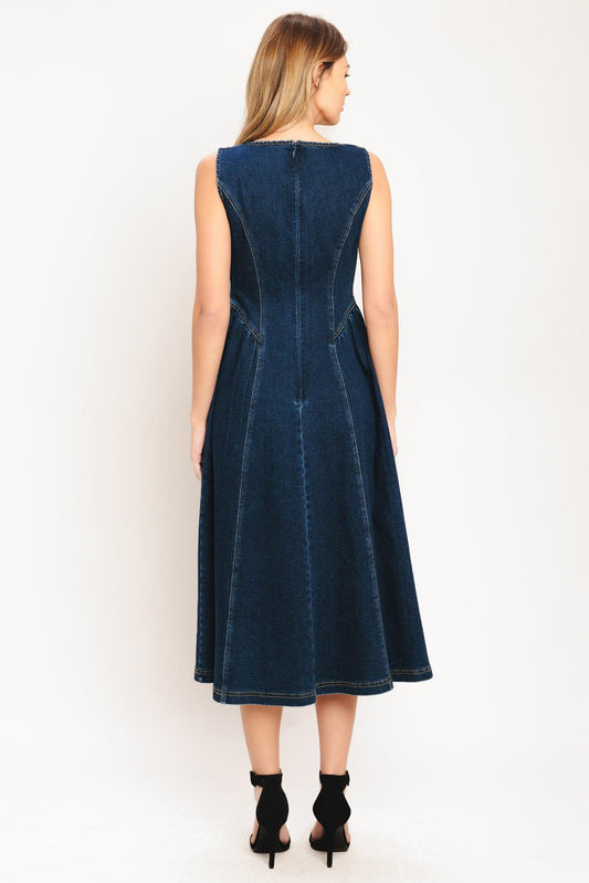 Effortless Polish Denim Midi Dress in medium indigo, view 6 — Soul Flow Apparel
