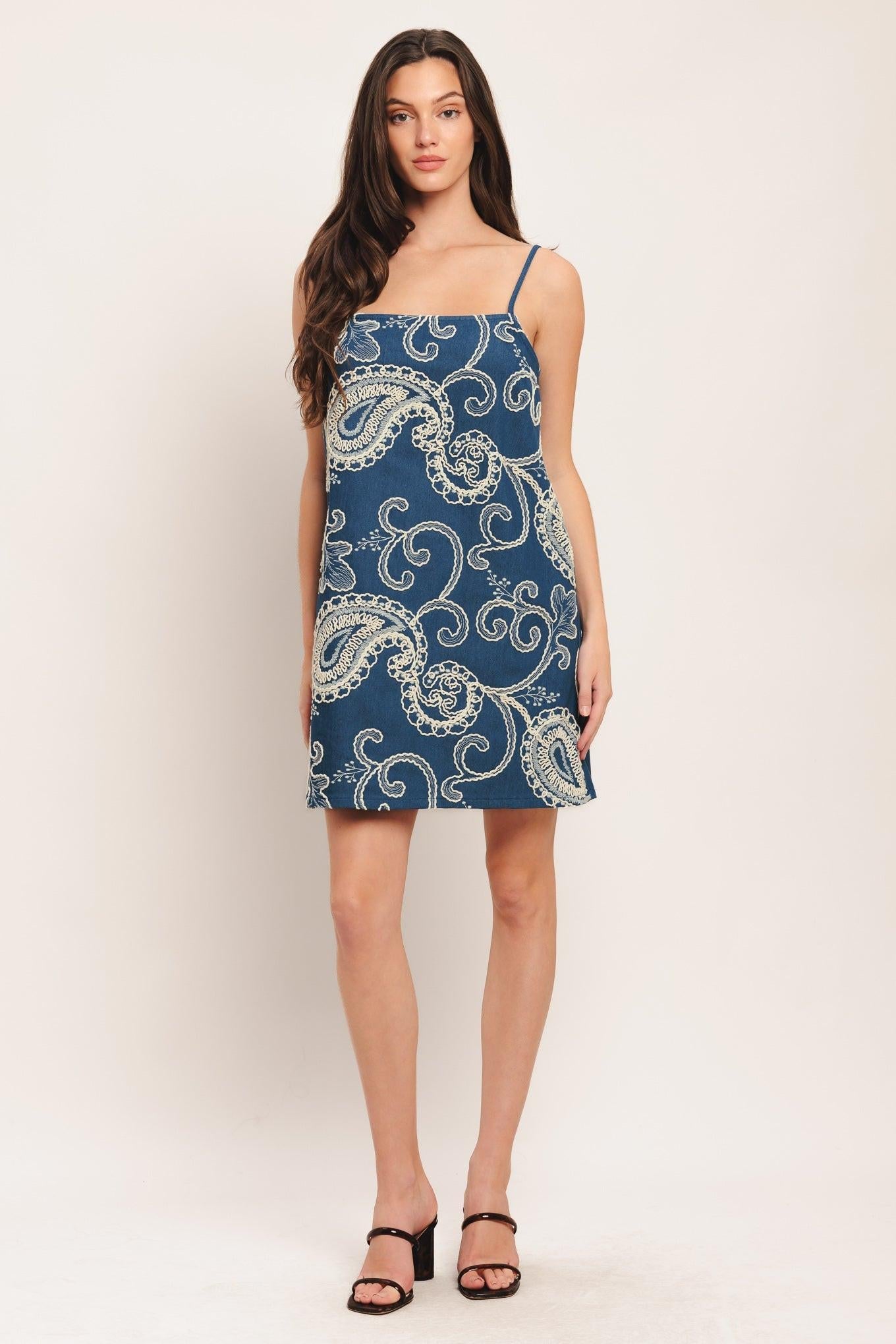 Sea Breeze Paisley Denim Mini Dress in medium indigo, view 1 — Soul Flow Apparel