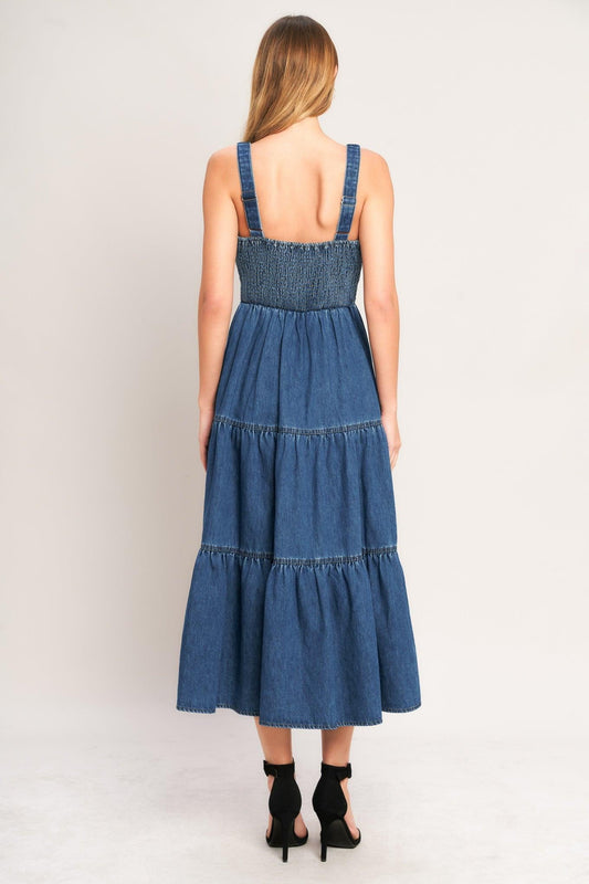 Everyday Romance Denim Midi Dress in medium indigo, view 2 — Soul Flow Apparel