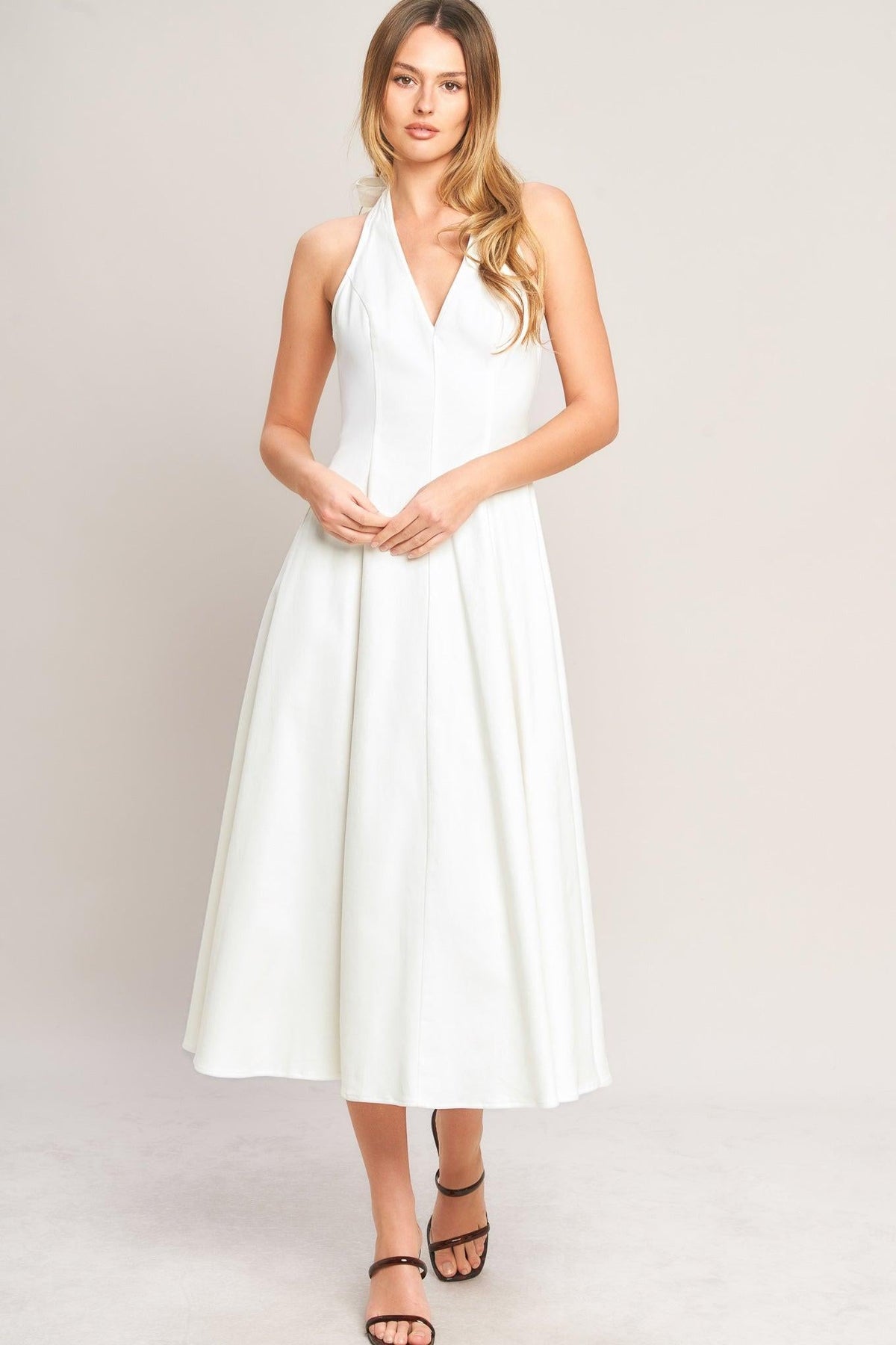 Serene Moment Woven Midi Dress in white denim, view 1 — Soul Flow Apparel