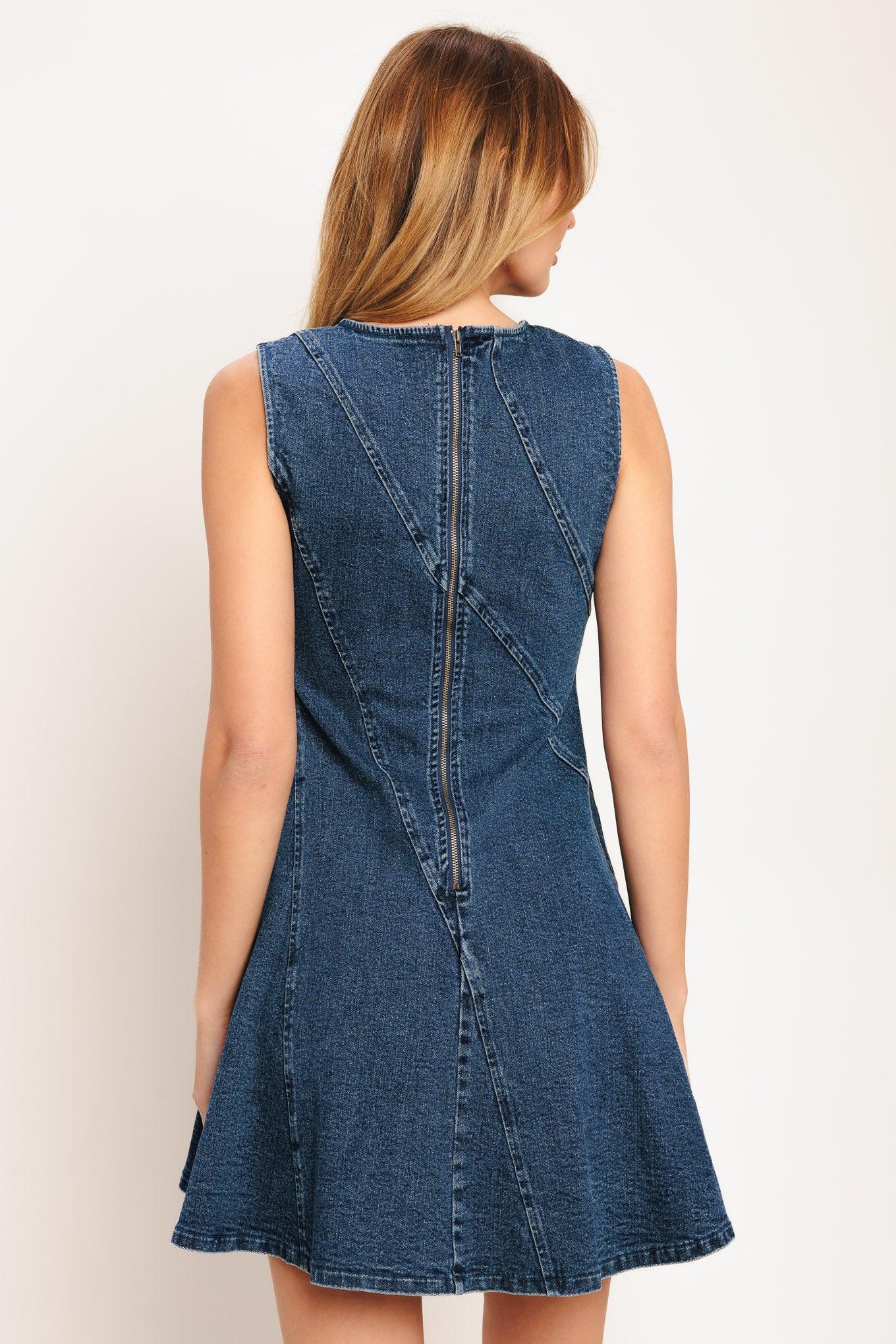 Day to Night Denim Mini Dress in medium indigo, view 6 — Soul Flow Apparel