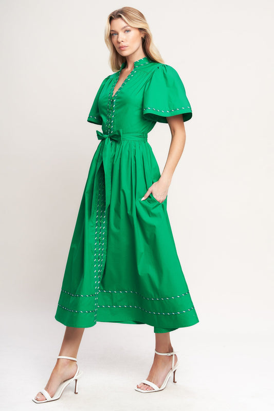 Resort Escape Woven Midi Dress in green, view 4 — Soul Flow Apparel