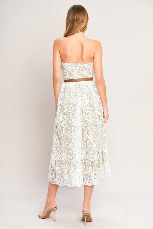 Elegant Garden Woven Lace Midi Dress in white, view 2 — Soul Flow Apparel