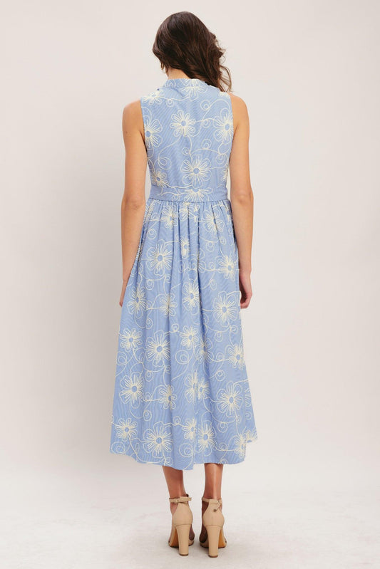Summer Sketch Flora Woven Midi Dress in light blue, view 6 — Soul Flow Apparel