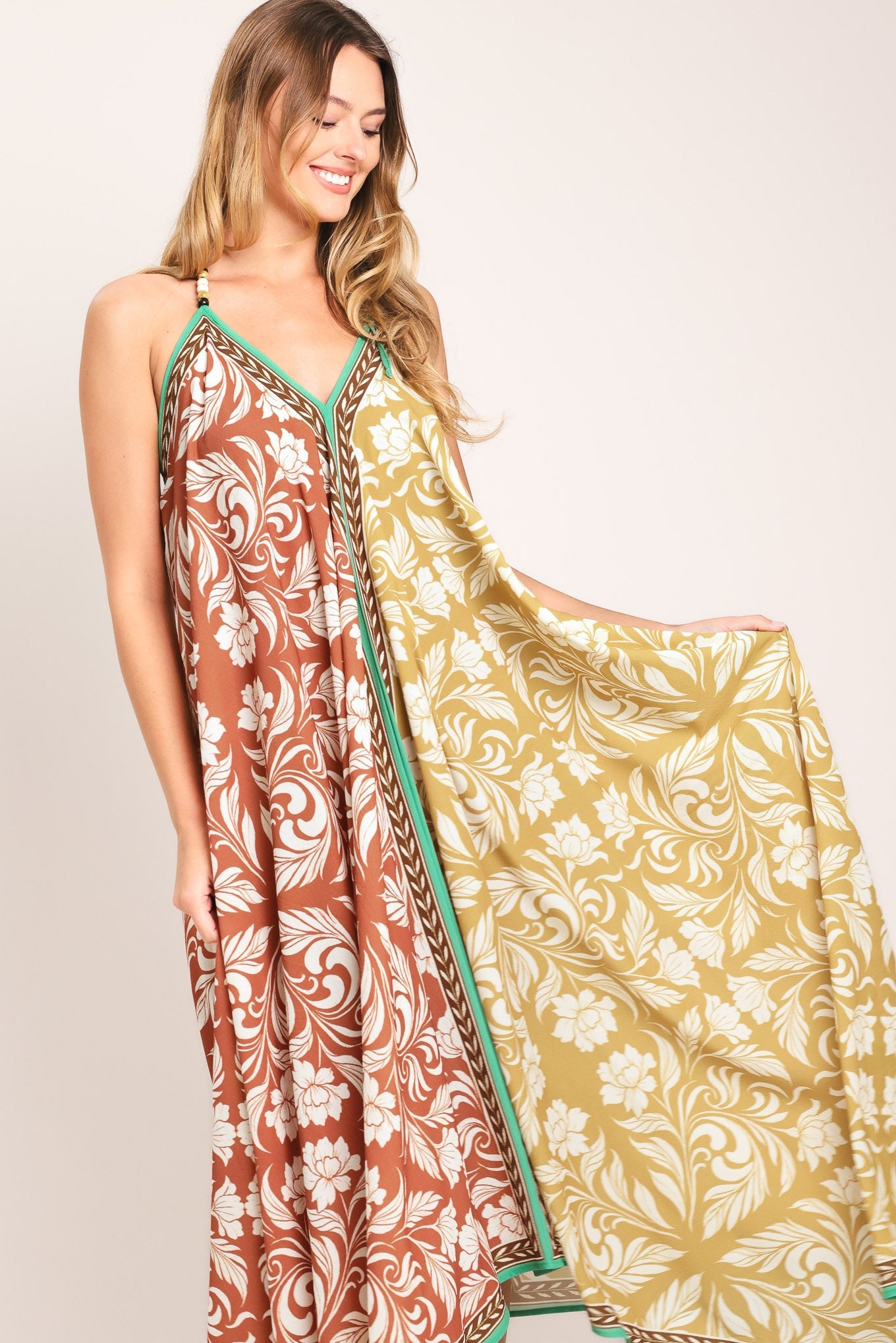 Warm Paradise Woven Midi Scarf Dress in taupe mauve, view 2 — Soul Flow Apparel