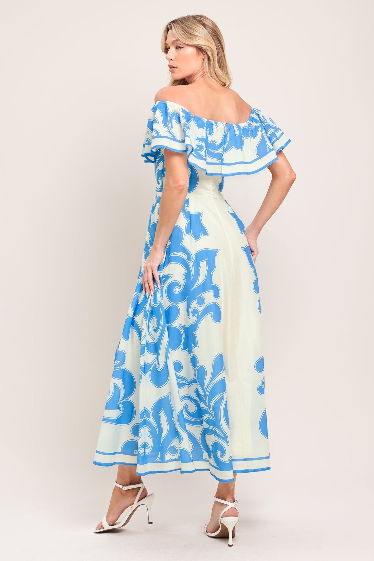Blue Majolica Woven Midi Dress in off-white, view 4 — Soul Flow Apparel