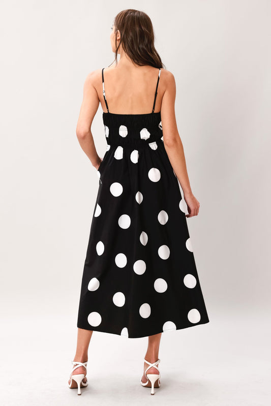 Dot Theory Woven Midi Dress in black, view 6 — Soul Flow Apparel