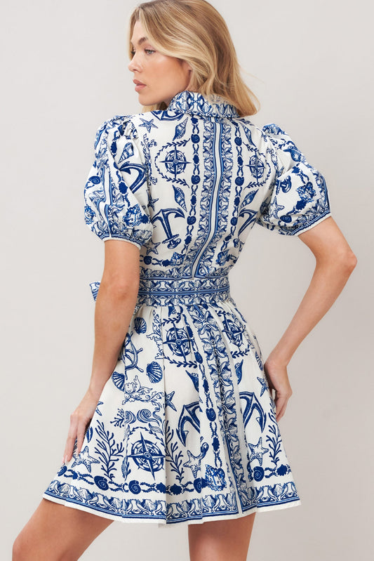 Island Pulse Woven Mini Dress in ivory blue, view 4 — Soul Flow Apparel