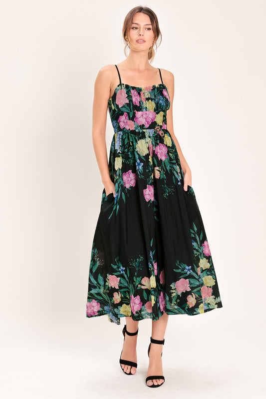 Shadow Floral Woven Midi Dress in black, view 3 — Soul Flow Apparel