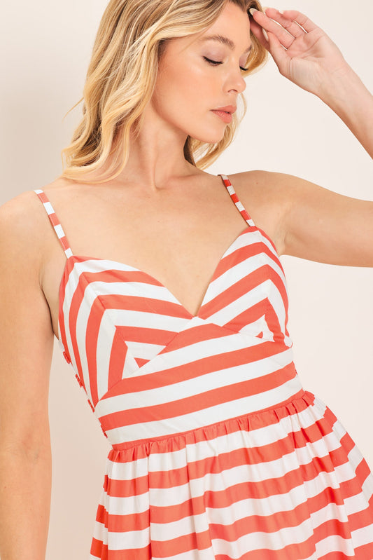 Boardwalk Stripe Woven Midi Dress in off-white coral, view 5 — Soul Flow Apparel