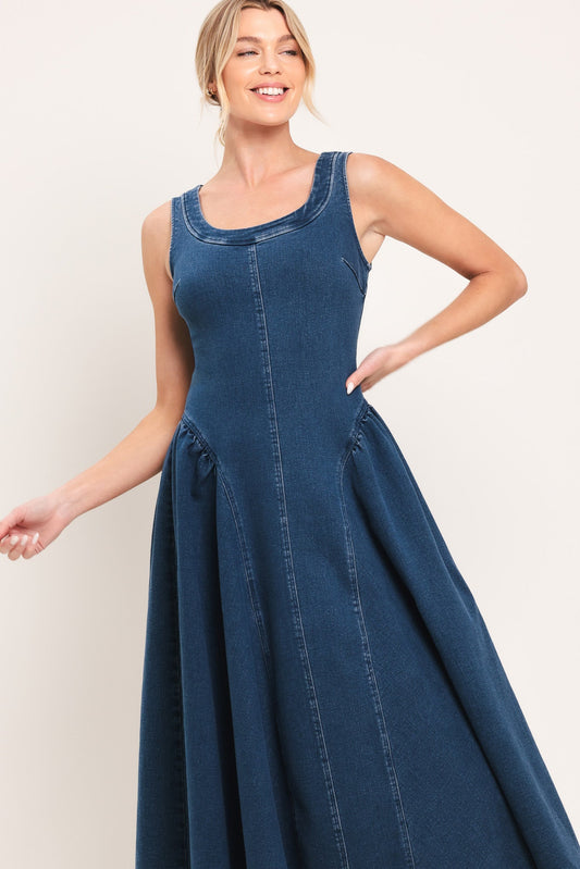 Classic Indigo Denim Midi Dress in medium indigo, view 2 — Soul Flow Apparel