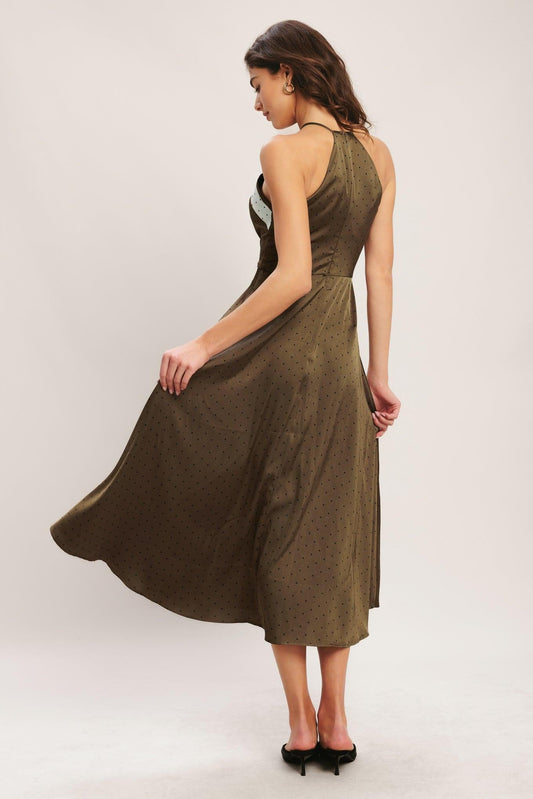 Espresso Chic Woven Satin Midi Dress in brown champagne, view 6 — Soul Flow Apparel