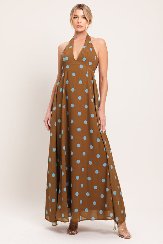Dotty Love Woven Midi Dress in brown blue, view 1 — Soul Flow Apparel