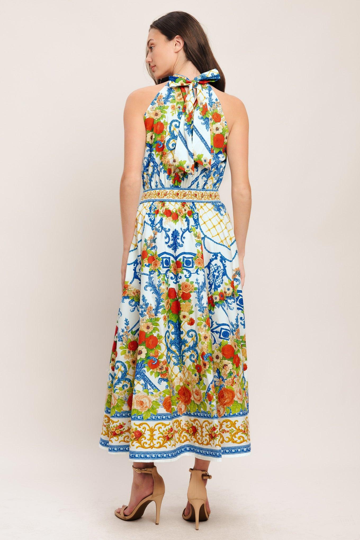 Ceramic Flora Woven Midi Dress in ivory blue, view 6 — Soul Flow Apparel