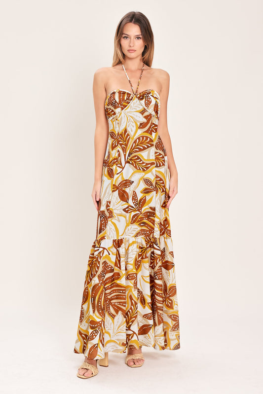 Amber Palm Paradise Woven Maxi Dress in mustard brown, view 1 — Soul Flow Apparel