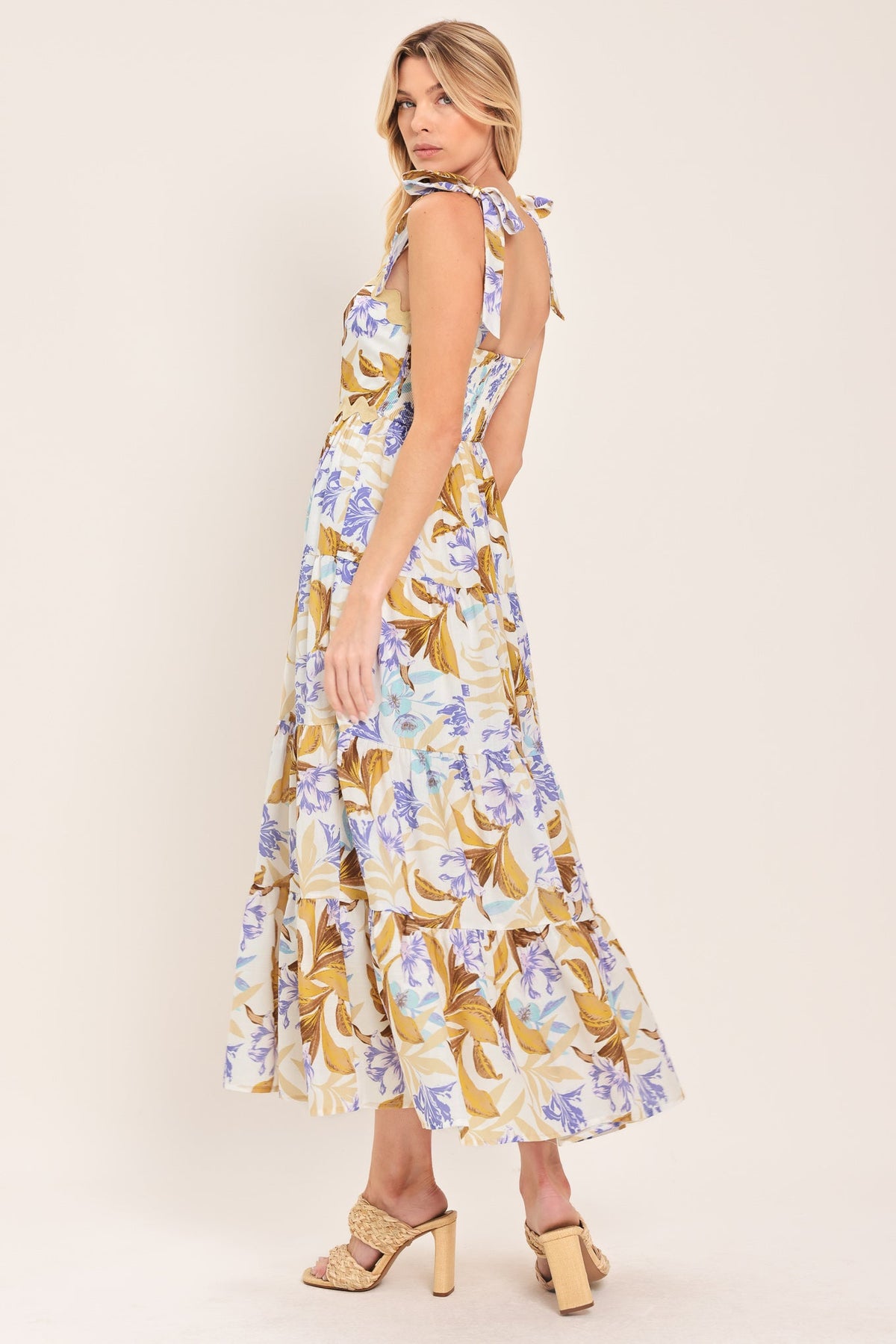 Softly Sunkissed Woven Midi Dress in lavender yellow, view 6 — Soul Flow Apparel