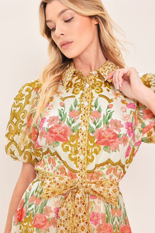 Chateau Rose Woven Midi Shirt Dress in multi floral, view 4 — Soul Flow Apparel
