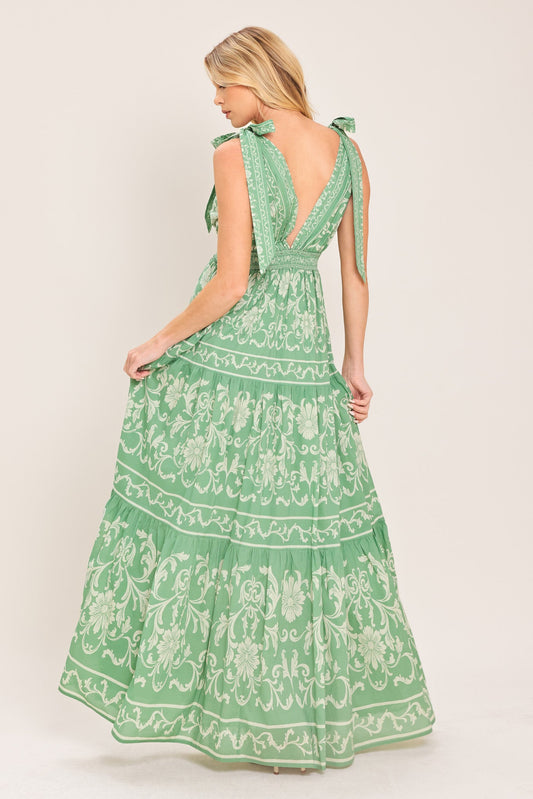 Verona Garden Woven Maxi Dress in sage, view 6 — Soul Flow Apparel