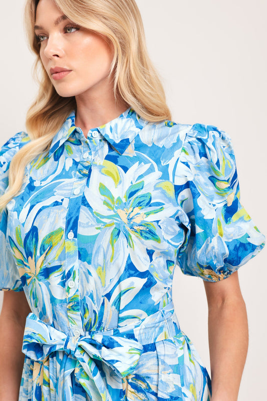 Ocean Garden Woven Midi Dress in blue floral, view 5 — Soul Flow Apparel