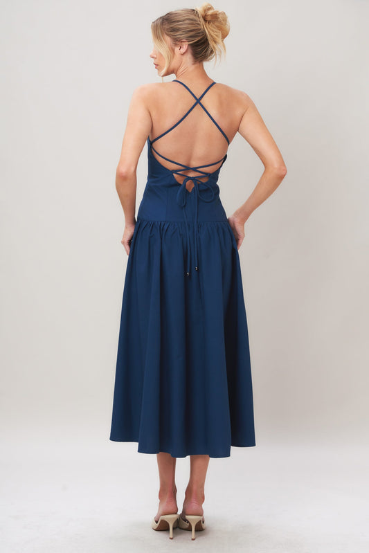 Refined Flow Woven Midi Dress in navy, view 5 — Soul Flow Apparel