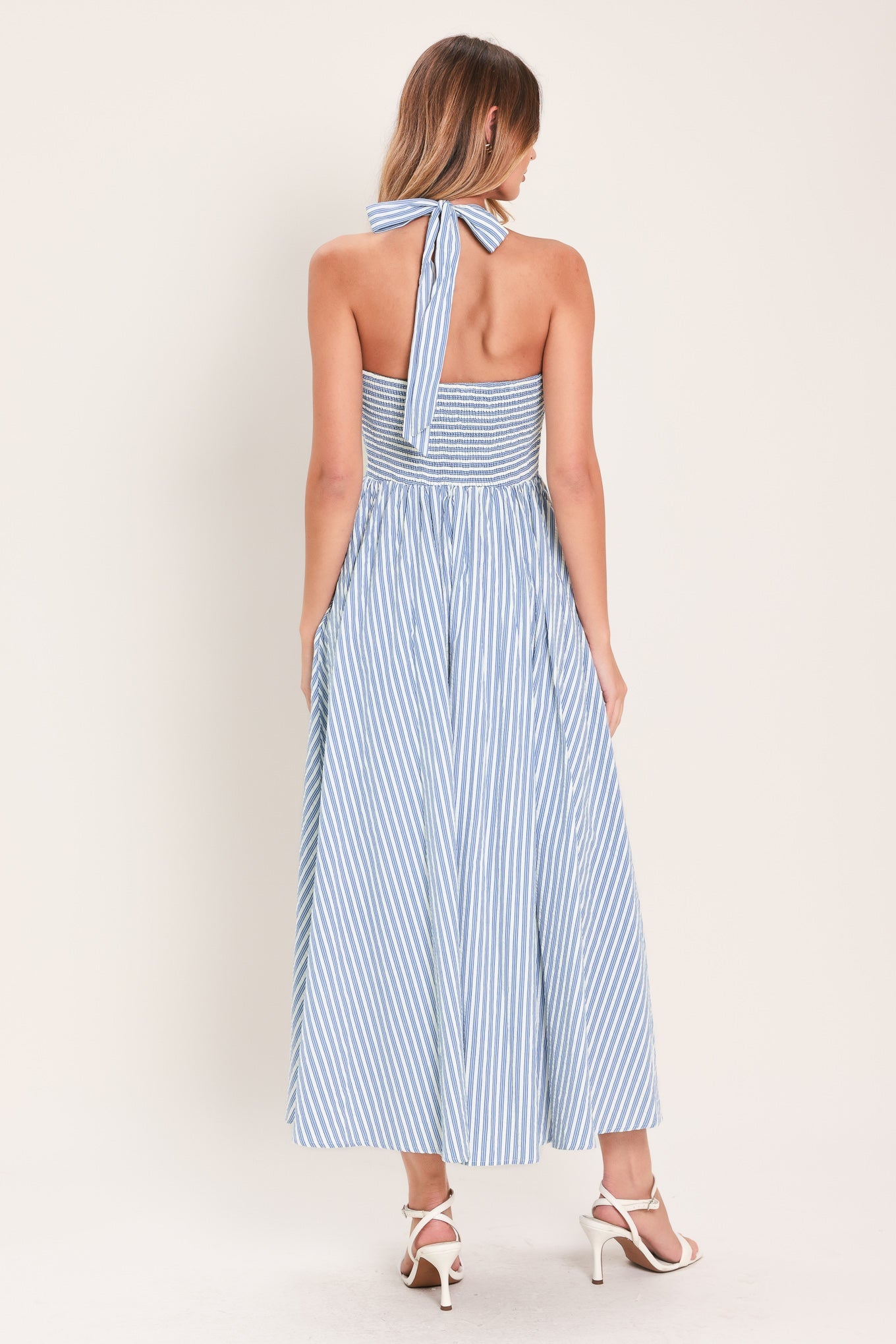 Fresh Day Stripe Woven Midi Dress in blue stripe, view 6 — Soul Flow Apparel