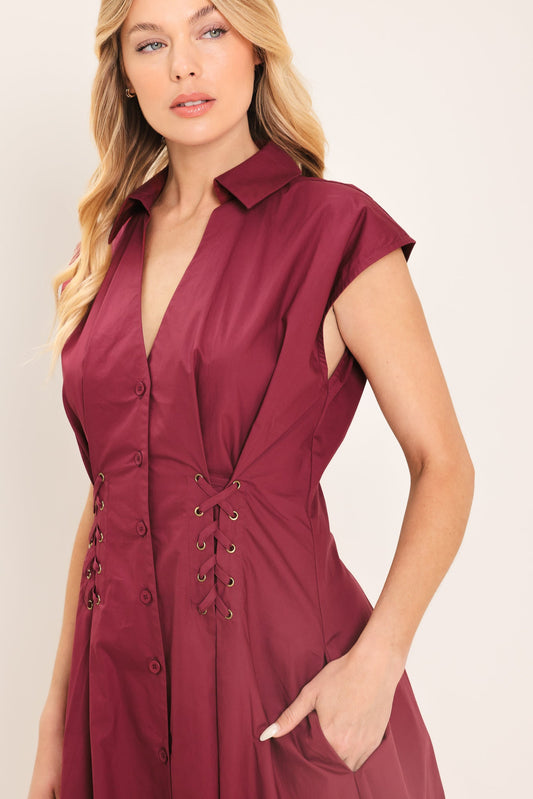 Cabernet Charm Woven Midi Dress in burgundy, view 4 — Soul Flow Apparel