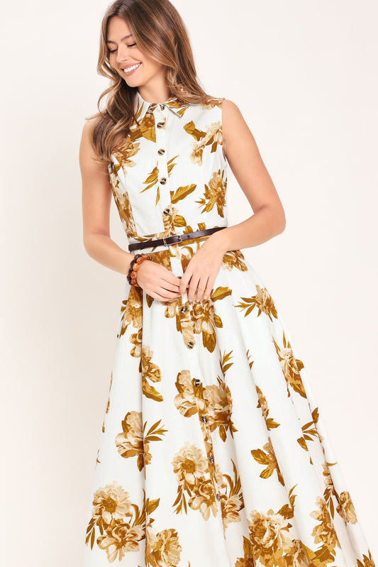 Golden Petals Woven Midi Dress in ivory brown, view 4 — Soul Flow Apparel