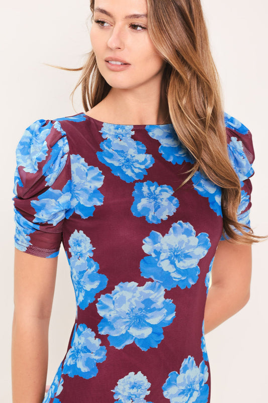 Royal Bloom Power Mesh Midi Dress in wine, view 5 — Soul Flow Apparel
