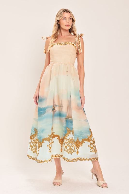 Capri Coastlin Woven Midi Dress in coral multi, view 2 — Soul Flow Apparel
