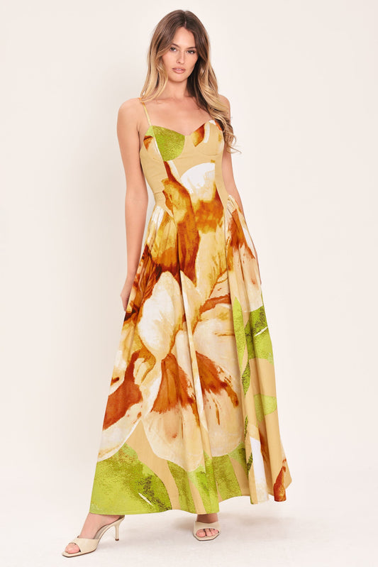 Limoncello Garden Woven Maxi Dress in khaki, view 1 — Soul Flow Apparel