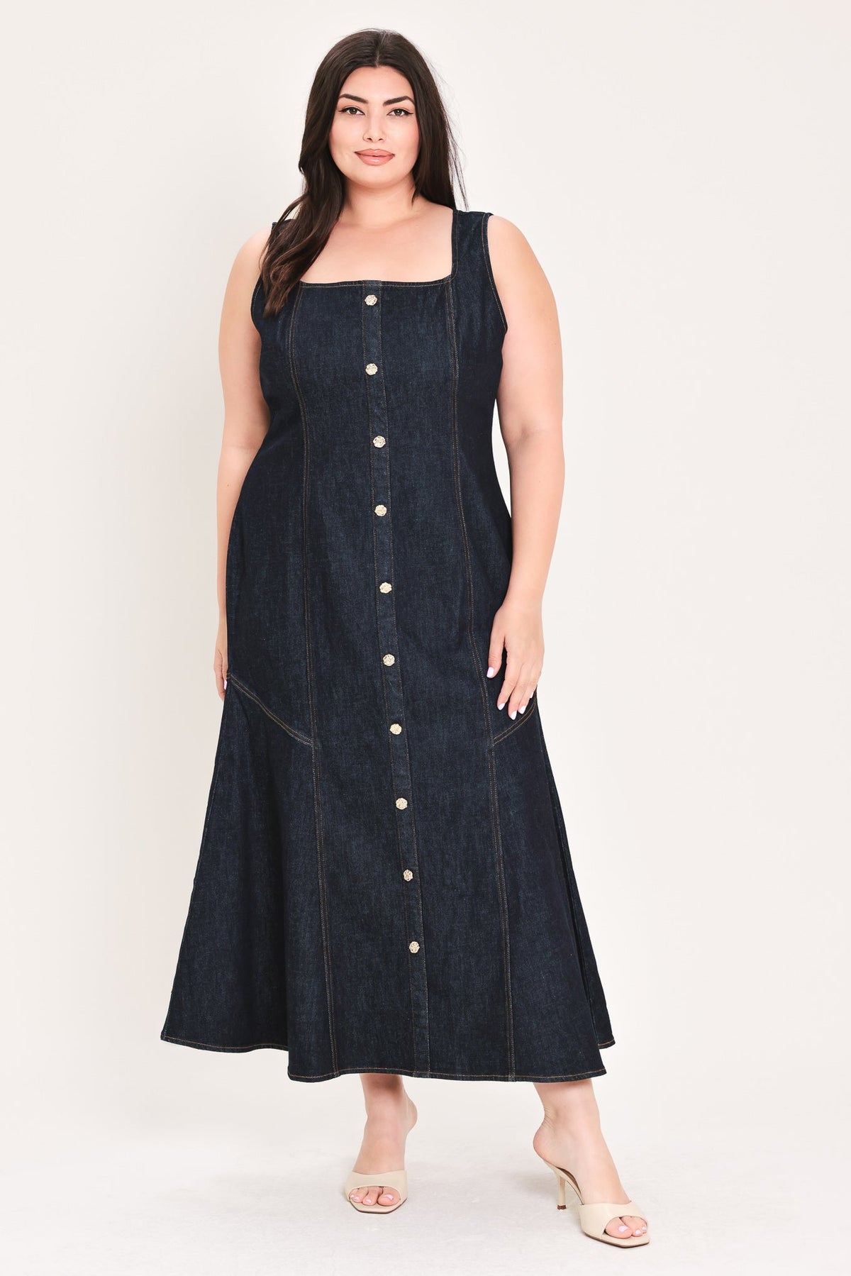 Chelsea Denim Midi Dress in dark indigo, view 1 — Soul Flow Apparel