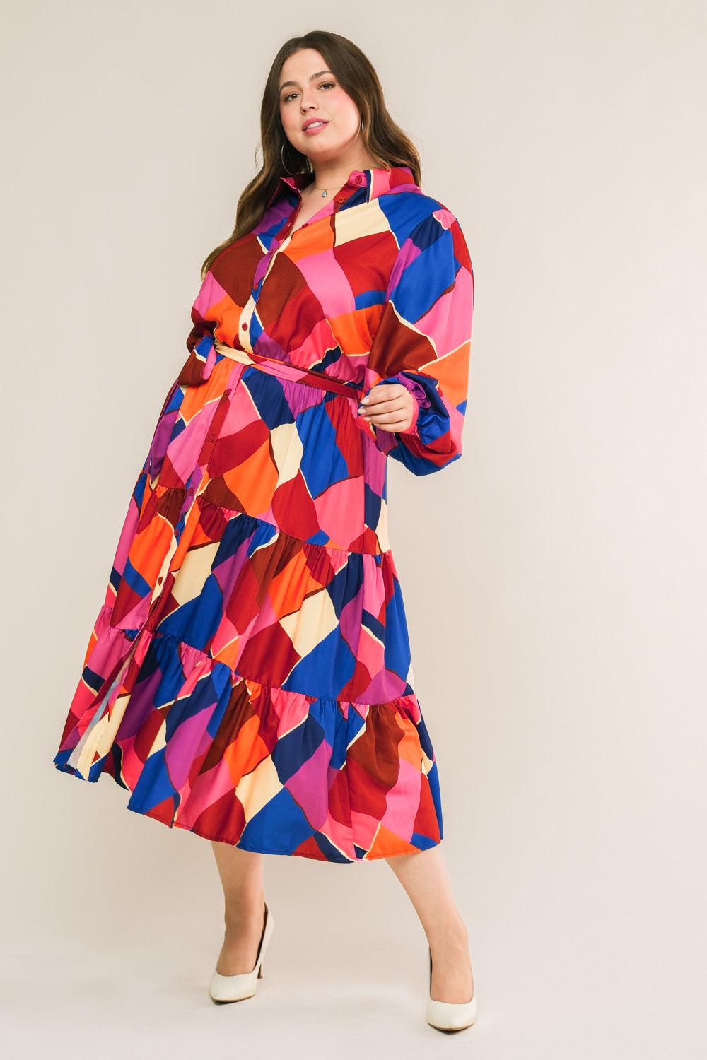 Wise Woman Printed Woven Midi Dress with Shirt Collar and Tiered Skirt in fuchsia blue, view 3 — Soul Flow Apparel