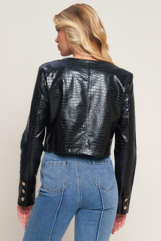 At the Start Faux Leather Bolero Jacket in black, view 2 — Soul Flow Apparel