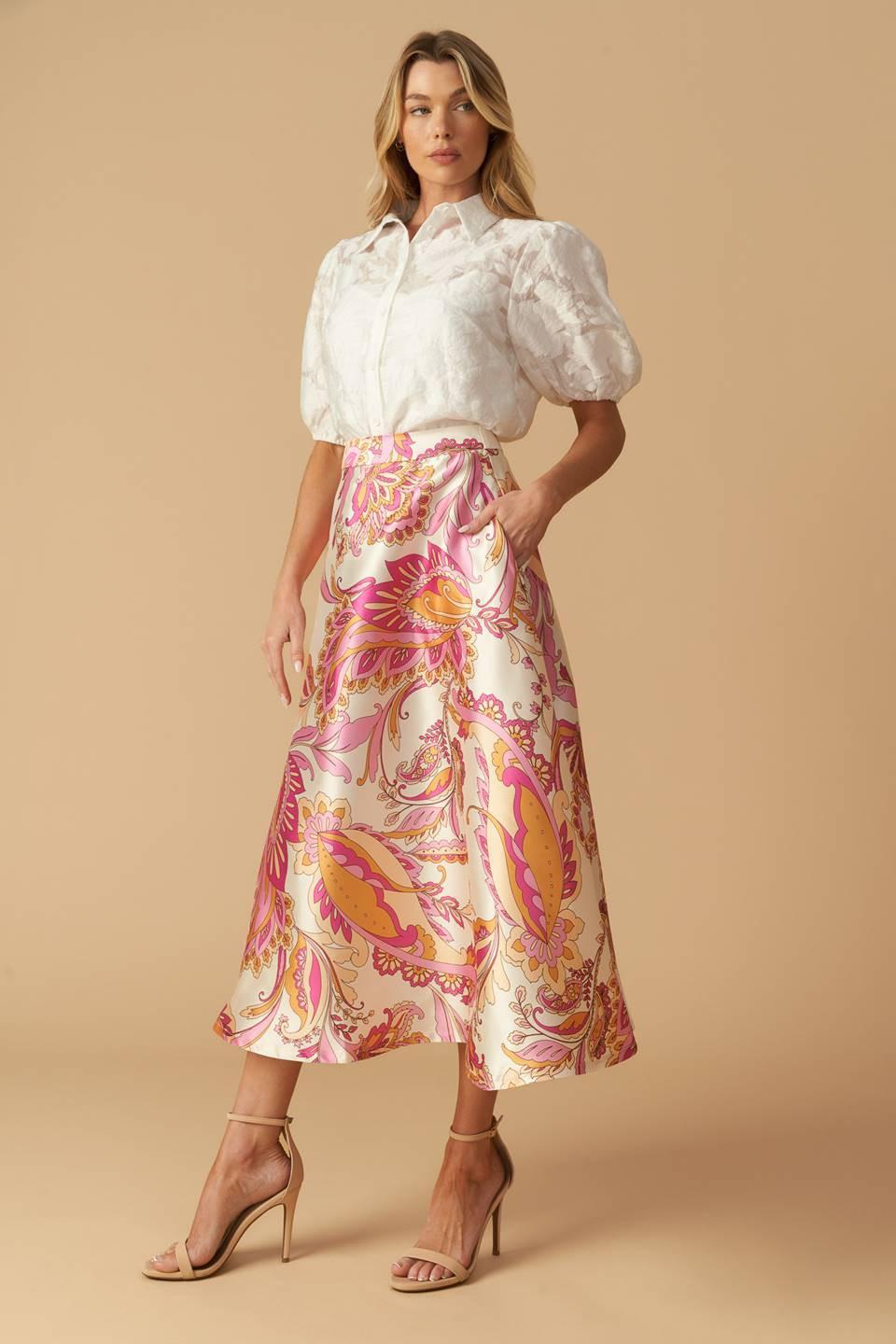 In the Stillness Woven Midi Skirt in ivory pink, view 4 — Soul Flow Apparel