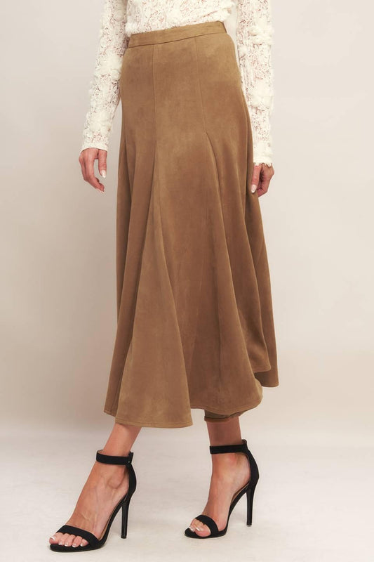 Urban Chic Faux Suede Midi Skirt in camel, view 2 — Soul Flow Apparel