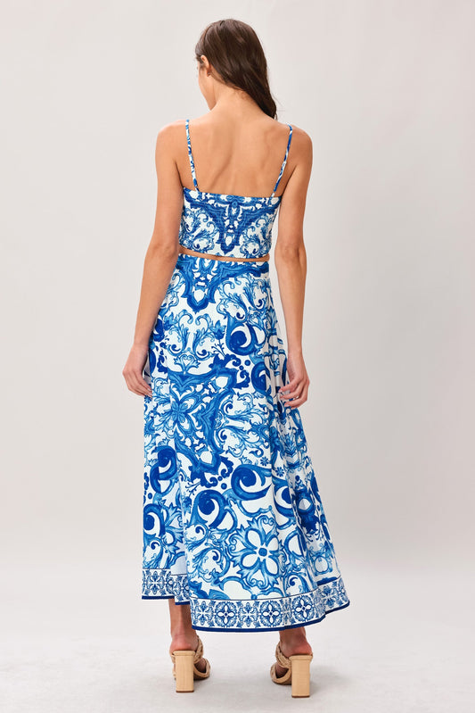 Coastal Mosaic Woven Midi Circle Skirt in blue white, view 5 — Soul Flow Apparel