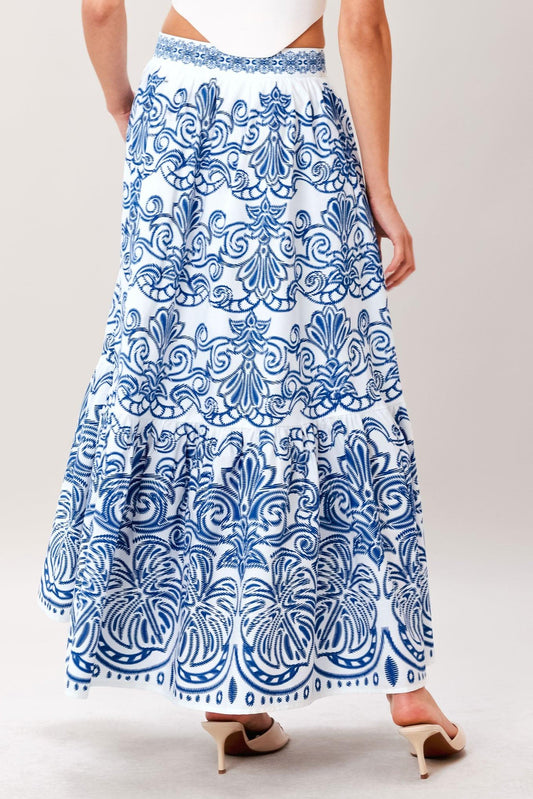 Azure Ornate Woven Full Midi Skirt in white blue, view 6 — Soul Flow Apparel