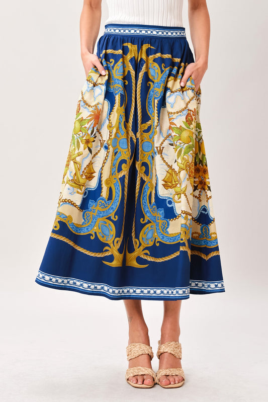 Baroque Escape Woven Midi Skirt in navy, view 2 — Soul Flow Apparel