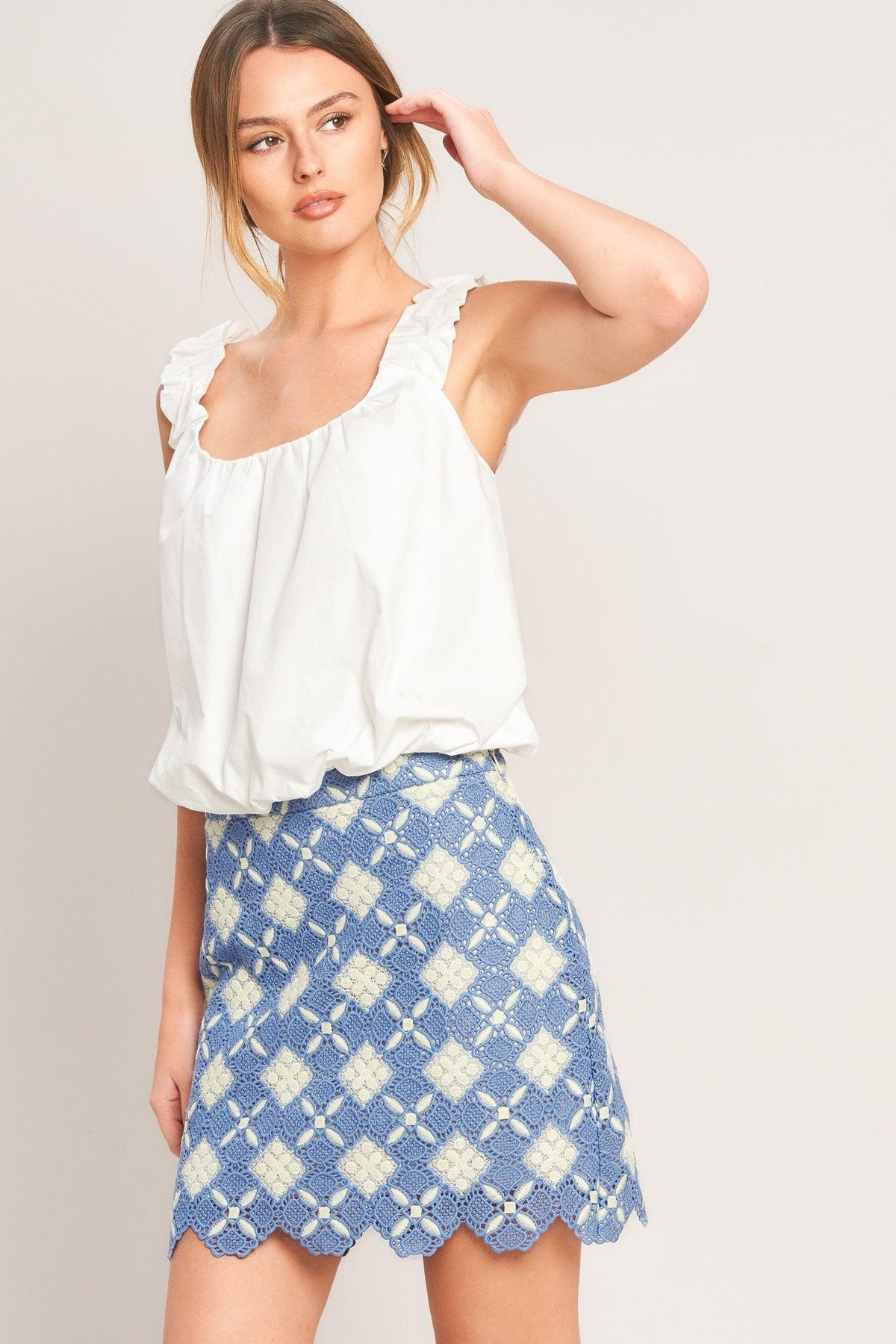 Coastal Woven Lace Mini Skirt in blue, view 4 — Soul Flow Apparel
