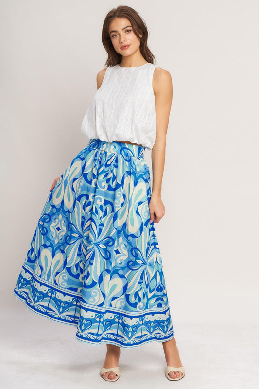Ocean Whirl Woven Full Midi Skirt in blue, view 2 — Soul Flow Apparel