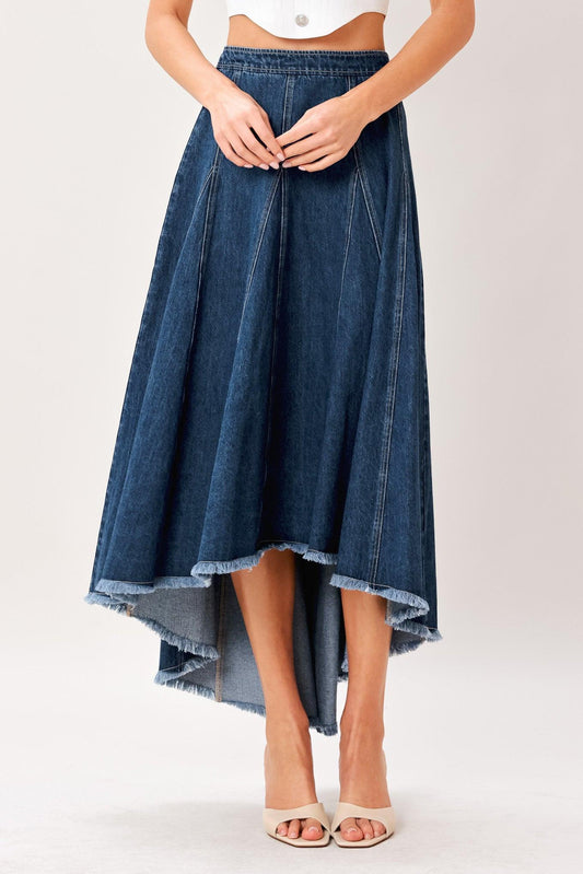 City Swing Denim Hi-Lo Midi Circle Skirt in medium indigo, view 2 — Soul Flow Apparel