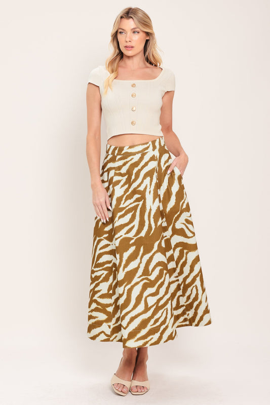 Terra Stripe Woven Midi Skirt in ivory brown, view 3 — Soul Flow Apparel